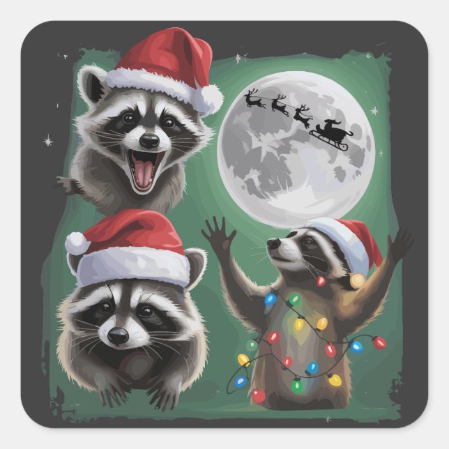 Three Raccoons With The Moon Galaxy Christmas  Quadratischer Aufkleber (Vorderseite)