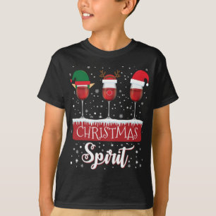 Three Red Wine Glass Christmas Spirit Santa Elf T-Shirt
