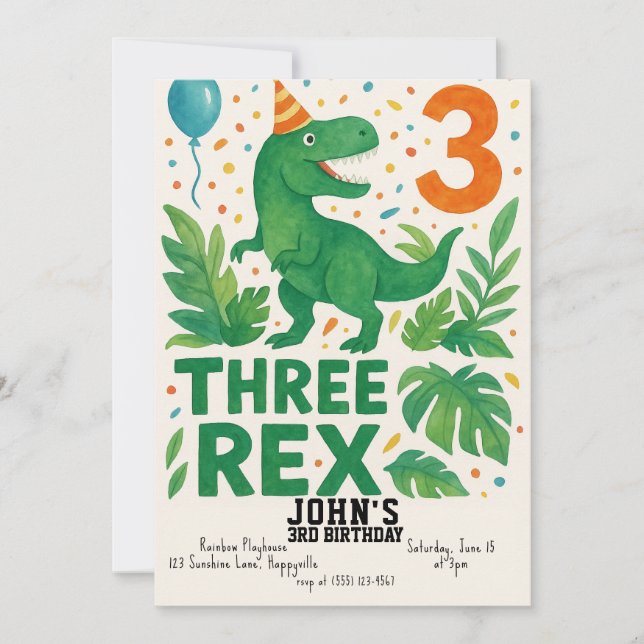 Three Rex Birthday Invitation Boy - Dinosaurier 3. Einladung (Vorderseite)