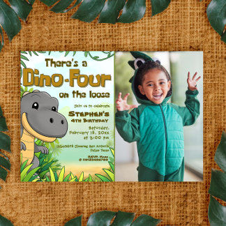 Three Rex Boy 4th Birthday with Photo Einladung