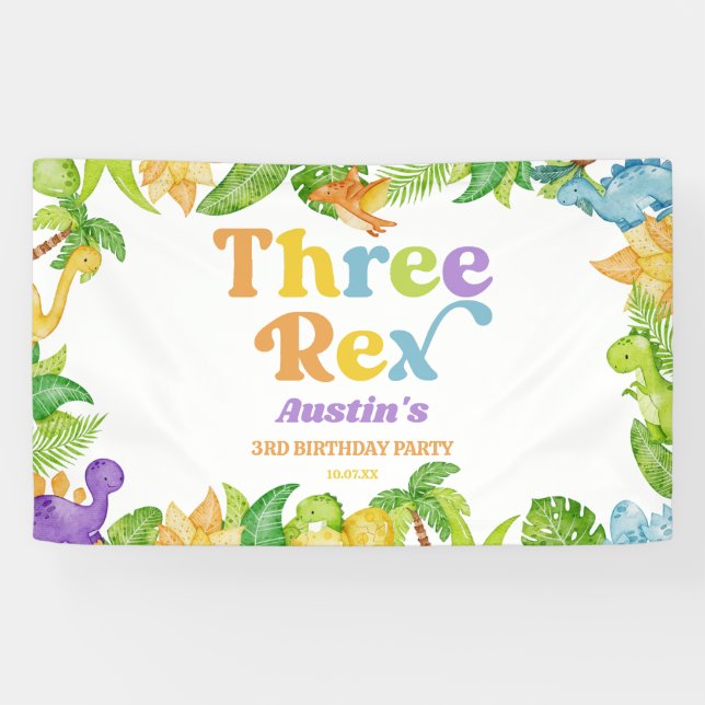 Three Rex Dinosaur Third 3rd Birthday Party Banner (Horizontal)