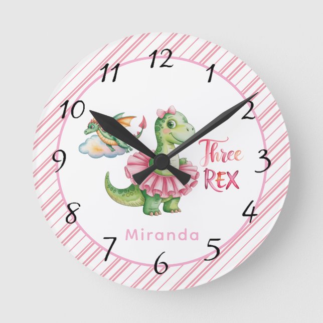 Three Rex Girl Birthday Party Runde Wanduhr (Vorderseite)