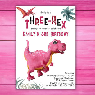 Three Rex Girls 3. Geburtstag Dinosaur Pink Dino Einladung