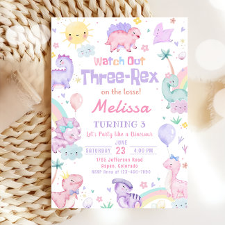 Three Rex Pink Dinosaurier 3. Geburtstags-Party Einladung