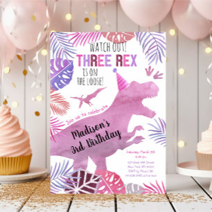 Three Rex Pink Lila Girl Dinosaurier Geburtstag Einladung