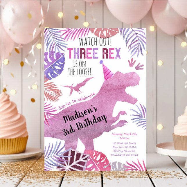Three Rex Pink Lila Girl Dinosaurier Geburtstag Einladung (Von Creator hochgeladen)