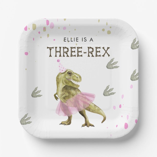 Three Rex & Pink Tutu Birthday Party Paper Plate Pappteller (Vorderseite)