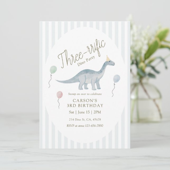 Three-rrific Dinosaur Birthday Invitation Einladung (Stehend Vorderseite)