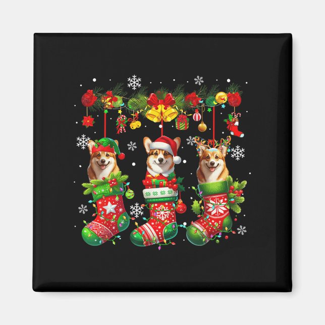 Three Santa Elf Corgis Inside Xmas Socks Owner Kid Magnet (Vorne)
