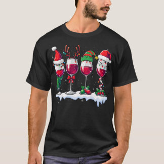 Three Santa Elf Reindeer Wine Glasses Christmas Dr T-Shirt