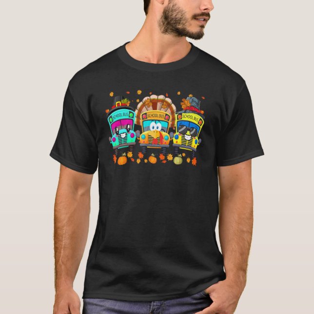 Three School Buses Pilgrim Turkey Fall Vibes Thank T-Shirt (Vorderseite)