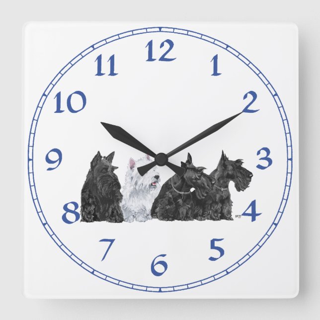 Three Scotties & a Westie Quadratische Wanduhr (Vorderseite)