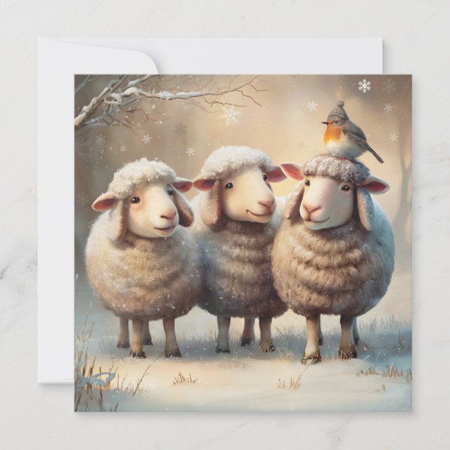 Three Sheep & Robin Winter Weihnachtskarte Feiertagskarte (Vorderseite)