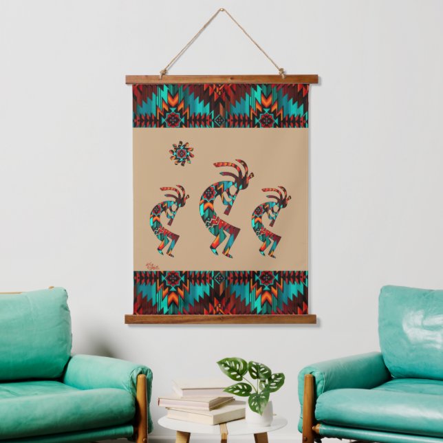 Three Southwest Kokopelli Hanging Tapestes Wandteppich Mit Holzrahmen (Wohnzimmer)