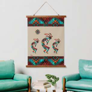Three Southwest Kokopelli Hanging Tapestes Wandteppich Mit Holzrahmen