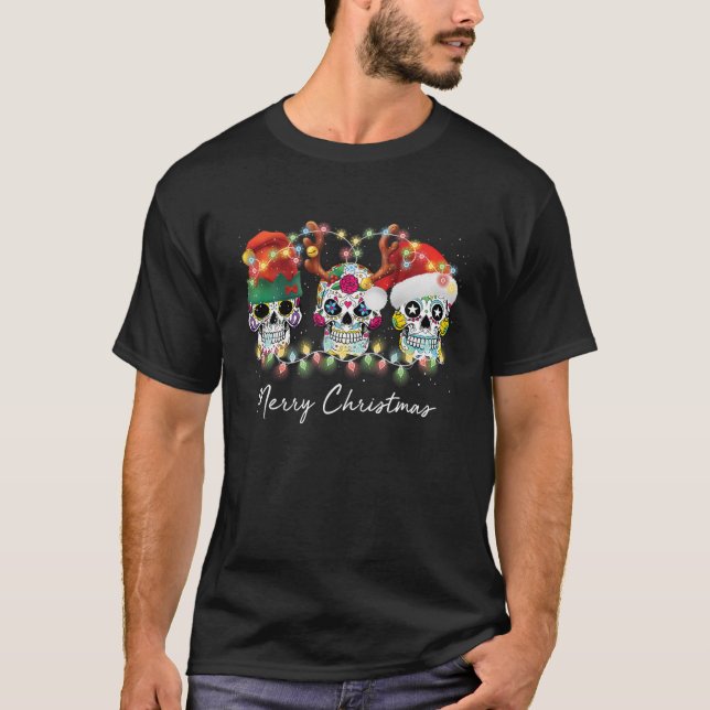 Three Sugar Skull Weihnachtslichter Reindeer Santa T-Shirt (Vorderseite)