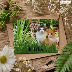 Three Tabby Cats in Garden "Hi Hello" Postkarte