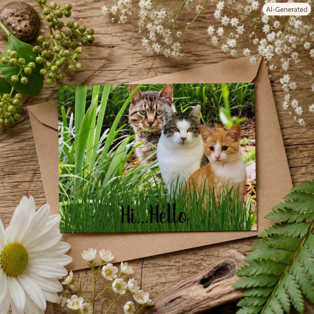 Three Tabby Cats in Garden "Hi Hello" Postkarte (Von Creator hochgeladen)