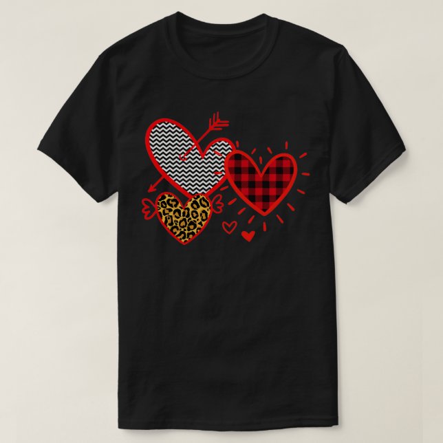 Three Valentine's Day Hearts  Plaid Leopard Stripe T-Shirt (Design vorne)
