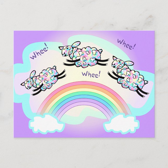 Three Wheep Sprung eines Regenbogens Albern Happy Postkarte (Vorderseite)