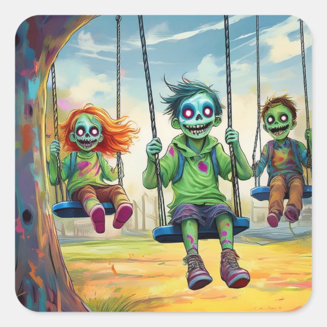 Three Zombie Kids on Swings in Fall Park Quadratischer Aufkleber (Vorderseite)