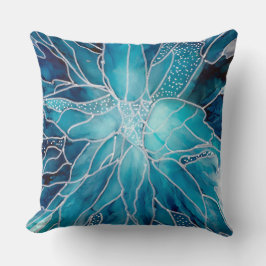 Throw Cushion -  Alcohol Ink Art Blue White Flower Kissen