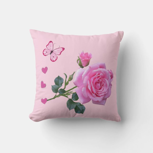 Throw Kissen Rosa Rose Bläschen Schmetterlingsherz (Vorderseite)