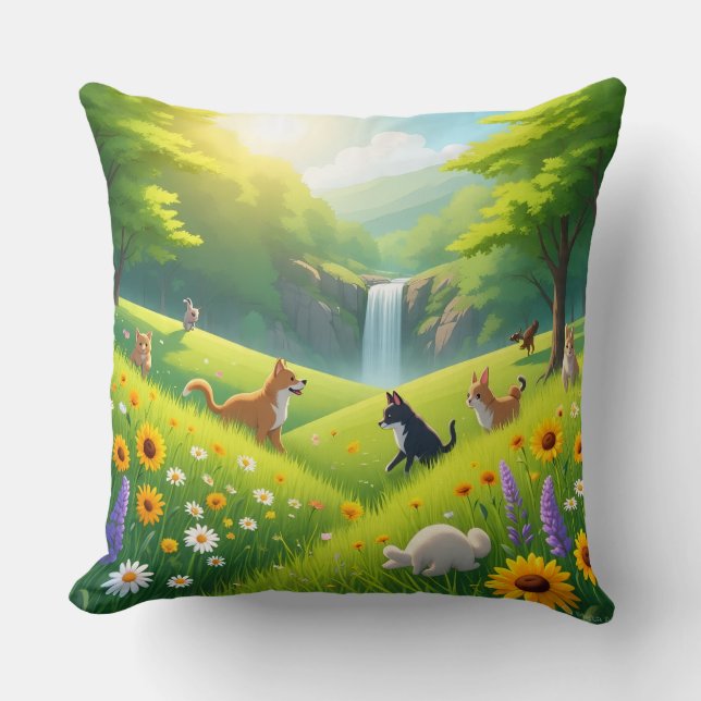 Throw Pillow Blooming Green Fields & Waterfall Ser Kissen (Vorderseite)