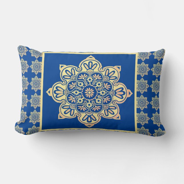 Throw Pillow Boho Medallion, Gold auf blau Lendenkissen (Vorderseite)