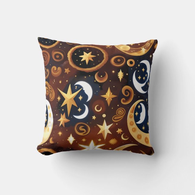 Throw Pillow – Golden Ochre Celestial Moon Pattern Kissen (Vorderseite)