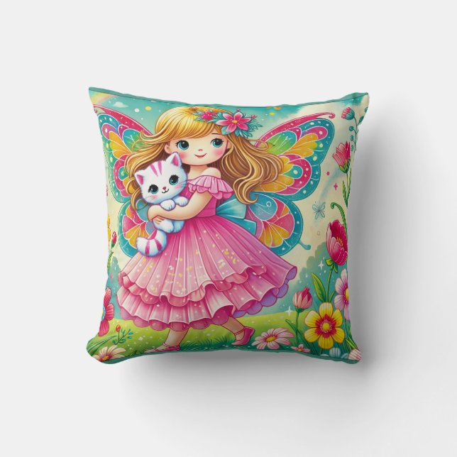 THROW PILLOW - "SMILING FAIRY with KITTEN Kissen (Vorderseite)