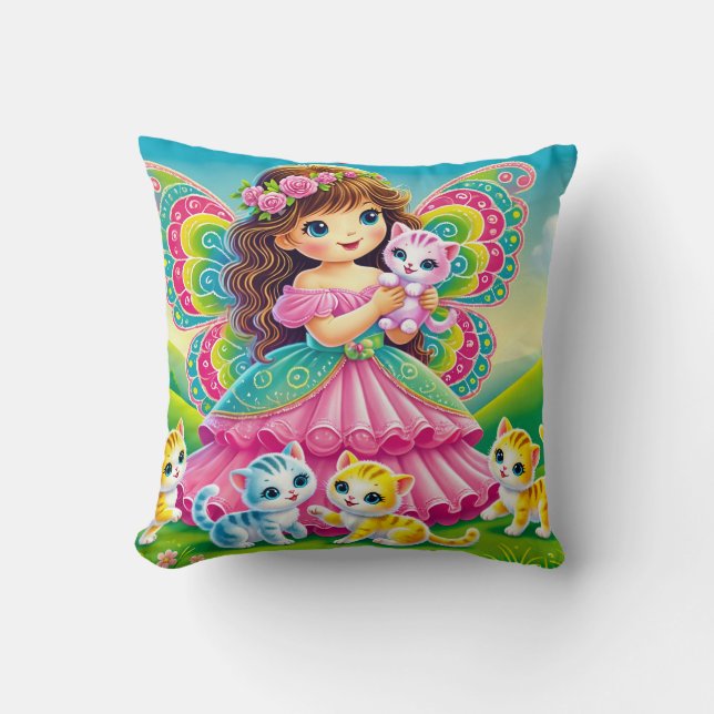 THROW PILLOW - "SMILING FAIRY with KITTENS" Kissen (Vorderseite)