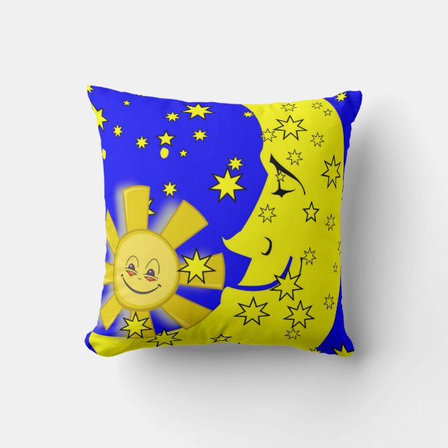 Throw Pillow Yellow Sun Moon Blue Kissen (Vorderseite)