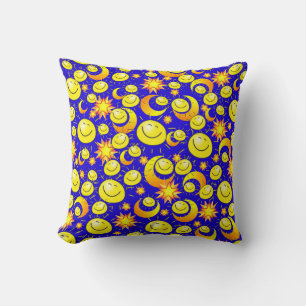Throw Pillow Yellow Sun Moon Stars Blau Kissen