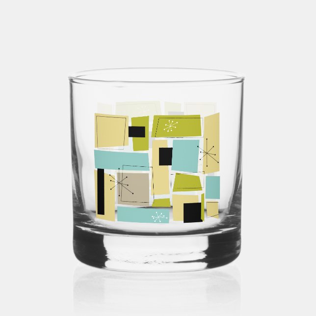 Throwback Aqua Blue Yellow Rectangles Mid Century Whiskyglas (Vorderseite)