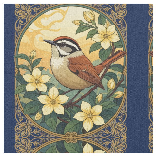 Thryothorus Bird unter den Gelbjasminen-Blume Stoff (Nahaufnahme)