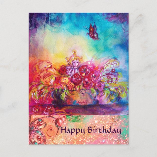 THUMBELINA, BLUME BASKET UND SCHALTFLÄCHE POSTKARTE (Vorderseite)