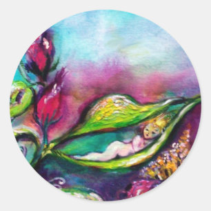 THUMBELINA SCHLAFEN ZWISCHEN BLÄTTER DER ROSE RUNDER AUFKLEBER