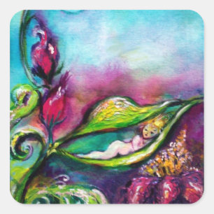 THUMBELINA SLEEPING ZWISCHEN BLÄTTER DER ROSE QUADRATISCHER AUFKLEBER