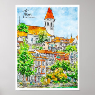 Thun Switzerland Vintage Wasserfarbe Poster