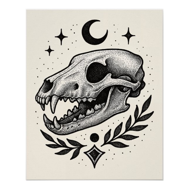 Thylacine Skull - Dotwork Tattoo Inspiriert Design Poster (Vorderseite)