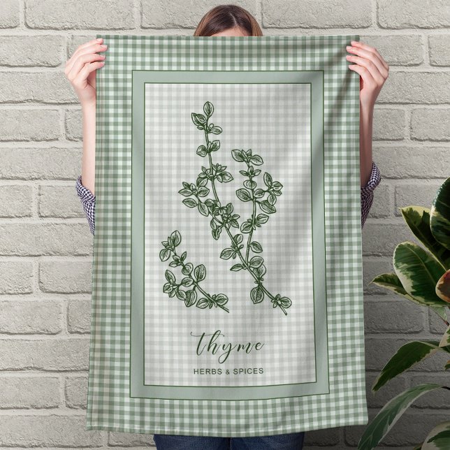 Thyme Herb Kitchen Towel – Green Gingham Border Geschirrtuch (Thyme Herb Kitchen Towel – Green Gingham Border)