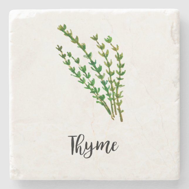 Thyme Herb Wasserfarbe Malerei Word Art Steinuntersetzer (Vorderseite)