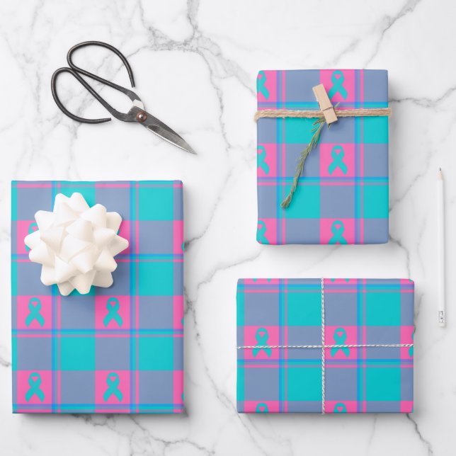Thyroid Cancer Awareness Plaid Teal Ribbon Geschenkpapier Set (Vorderseite)