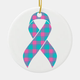 Thyroid Cancer Awareness Plaid Teal Ribbon Keramik Ornament