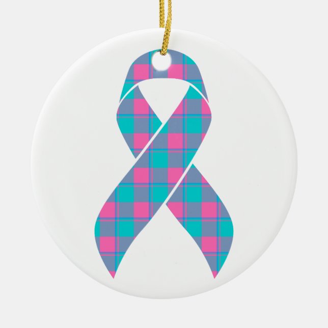 Thyroid Cancer Awareness Plaid Teal Ribbon Keramik Ornament (Vorne)