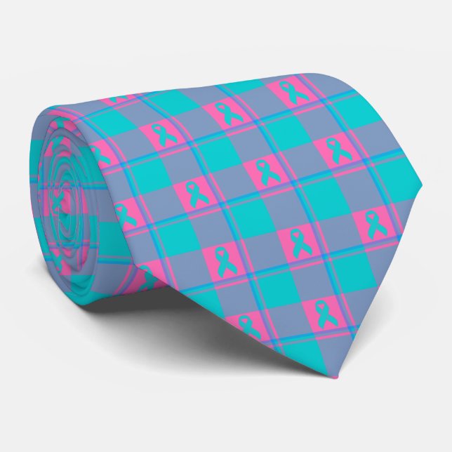 Thyroid Cancer Awareness Plaid Teal Ribbon Krawatte (Gerollt)