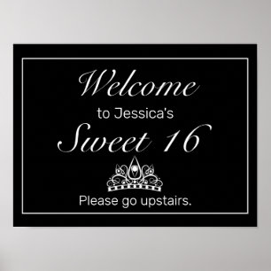 Tiara Black Minimalist Sweet 16 Welcome Sign Poster
