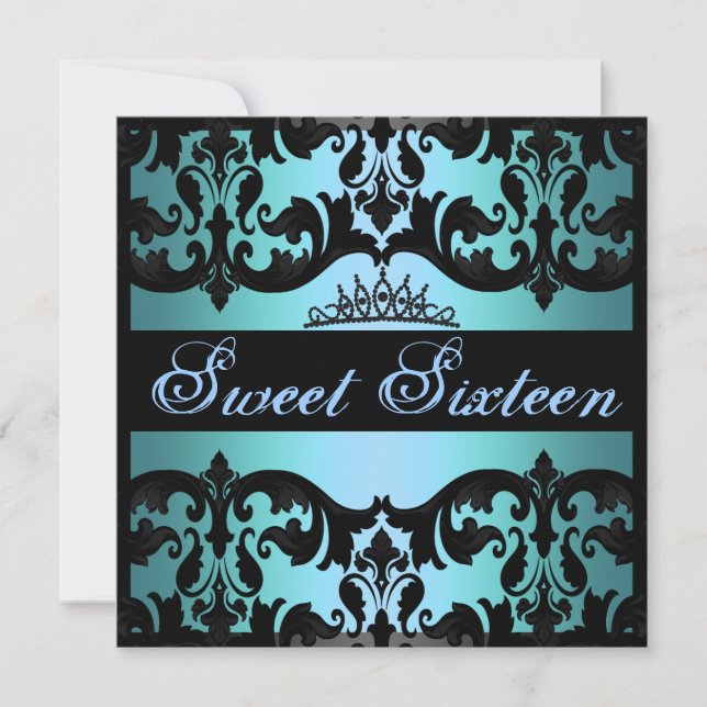 Tiara Blue Sweet16 Damask Birthday Invite Einladung (Vorderseite)