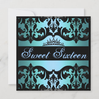 Tiara Blue Sweet16 Damask Birthday Invite Einladung